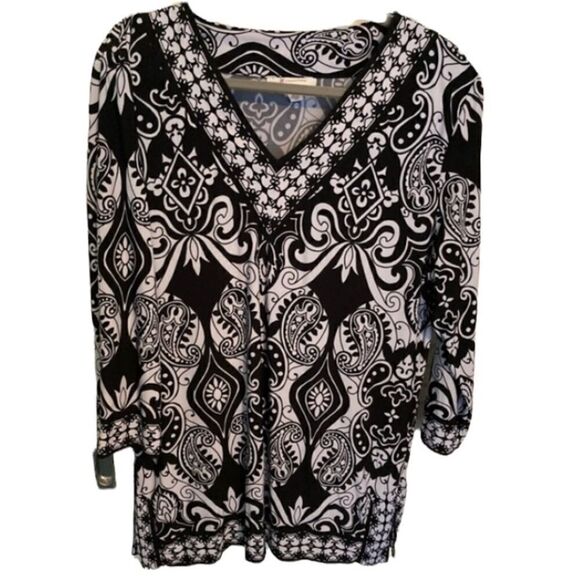 JM Collection Black & White paisley tunic 1X - Picture 1 of 6